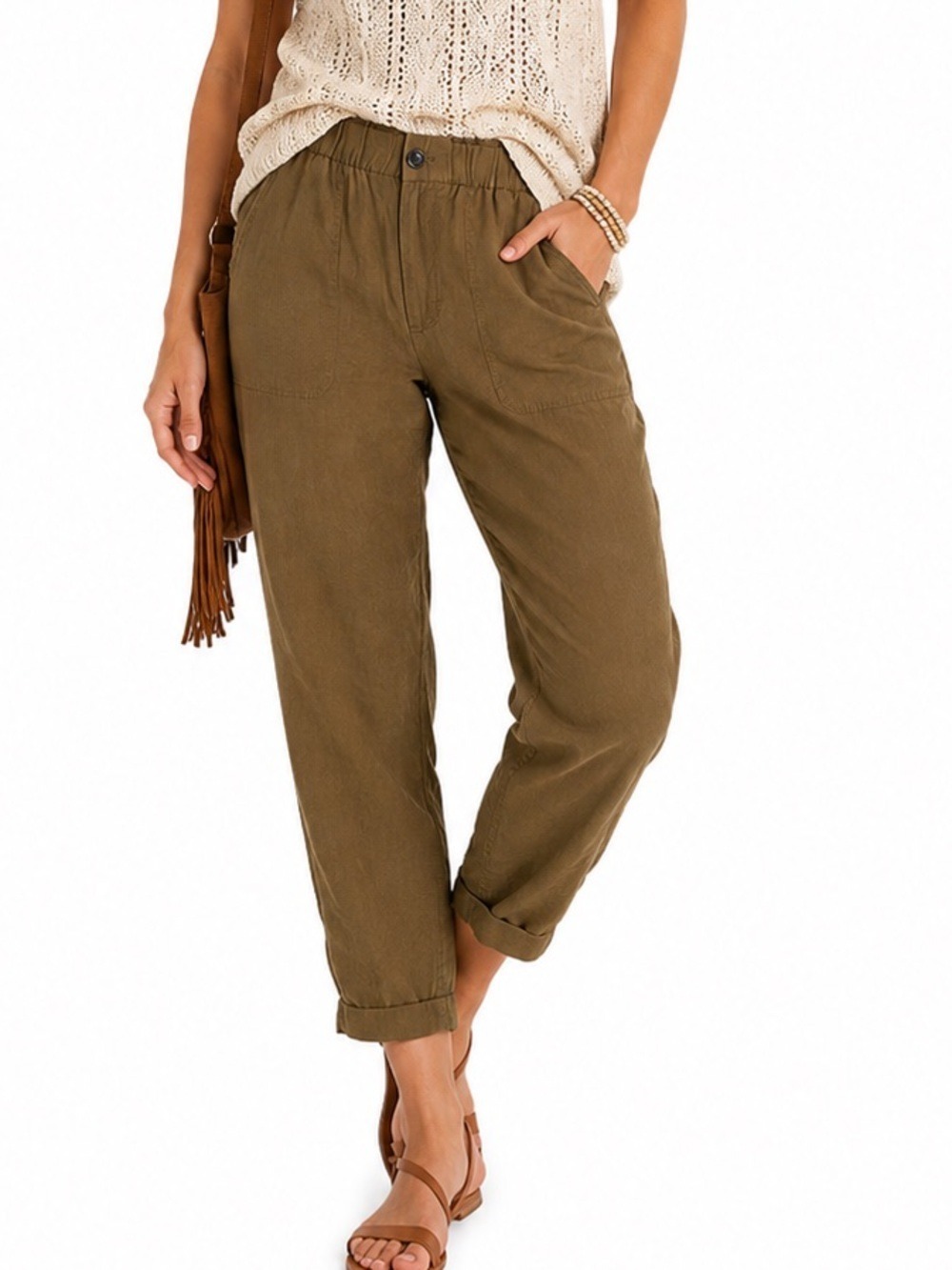 Banana Republic Brown Tencel Pants Size Medium Elastic Waist Pockets Tapered Leg